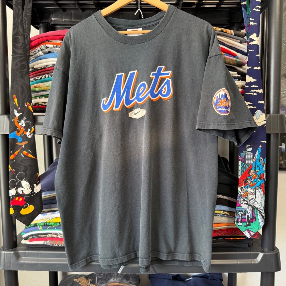 Y2K Faded Black Nike New York Mets T-Shirt XL Light Distressing